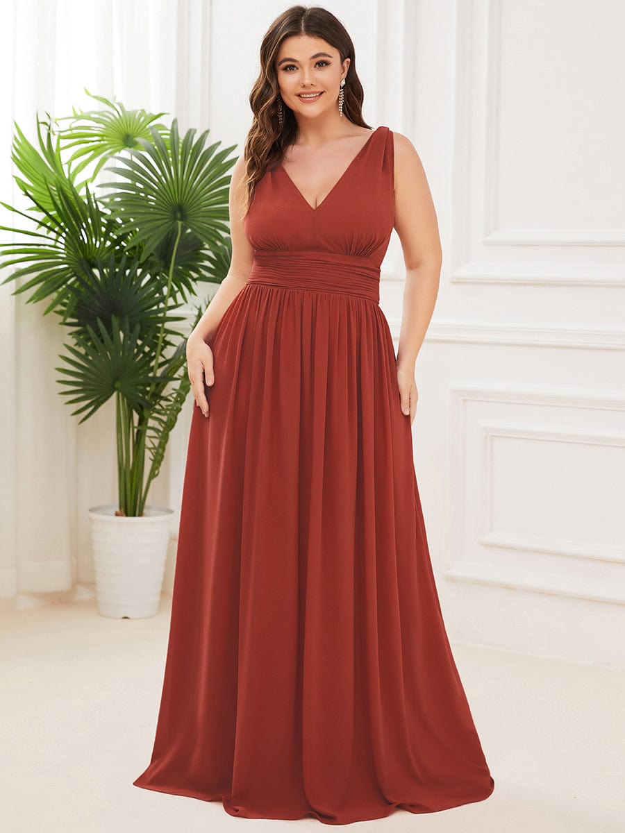 V Neck Sleeveless Pleated Chiffon Maxi Evening Dress #color_Vermilion