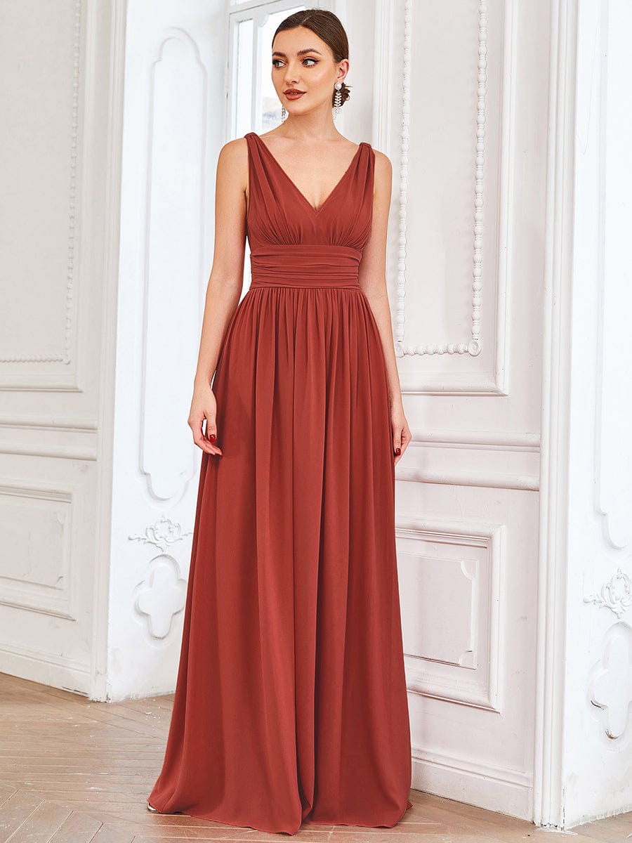 V Neck Sleeveless Pleated Chiffon Maxi Evening Dress #color_Vermilion