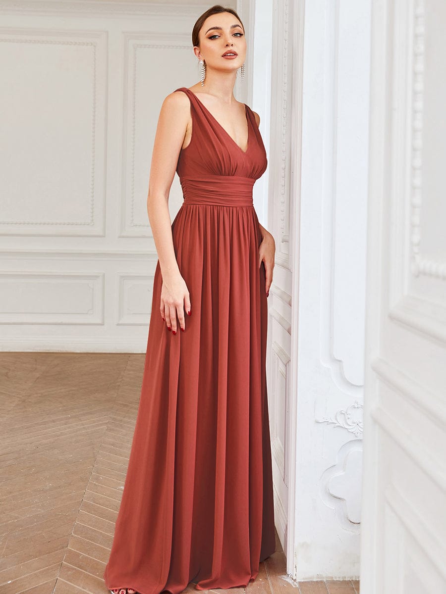 V Neck Sleeveless Pleated Chiffon Maxi Evening Dress #color_Vermilion