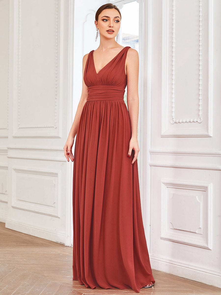 V Neck Sleeveless Pleated Chiffon Maxi Evening Dress #color_Vermilion