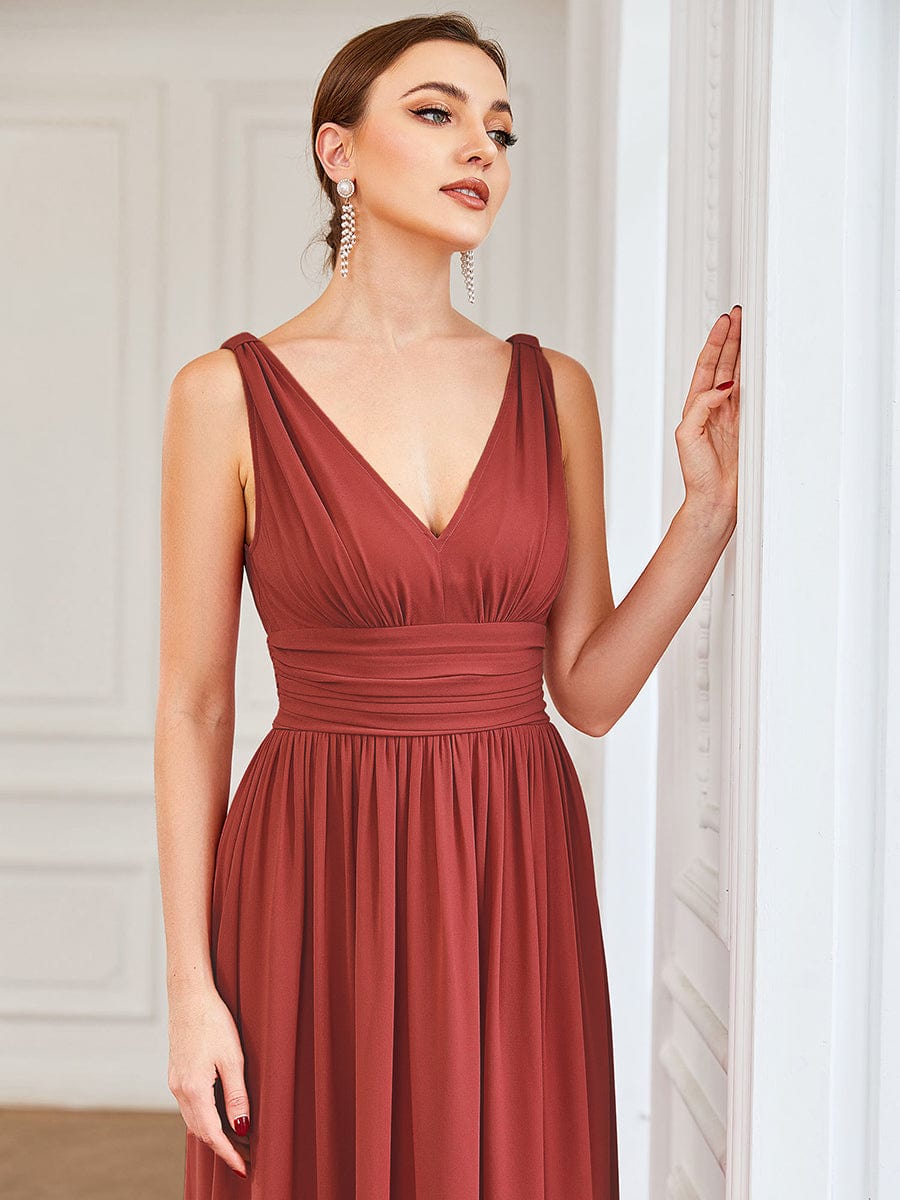 V Neck Sleeveless Pleated Chiffon Maxi Evening Dress #color_Vermilion