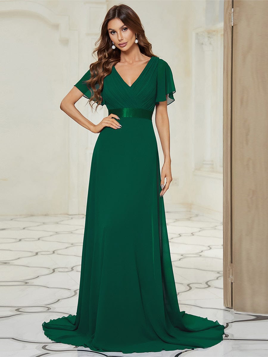ever MONICA|Long Empire Waist Bridesmaid Dress with Short Flutter Sleeves