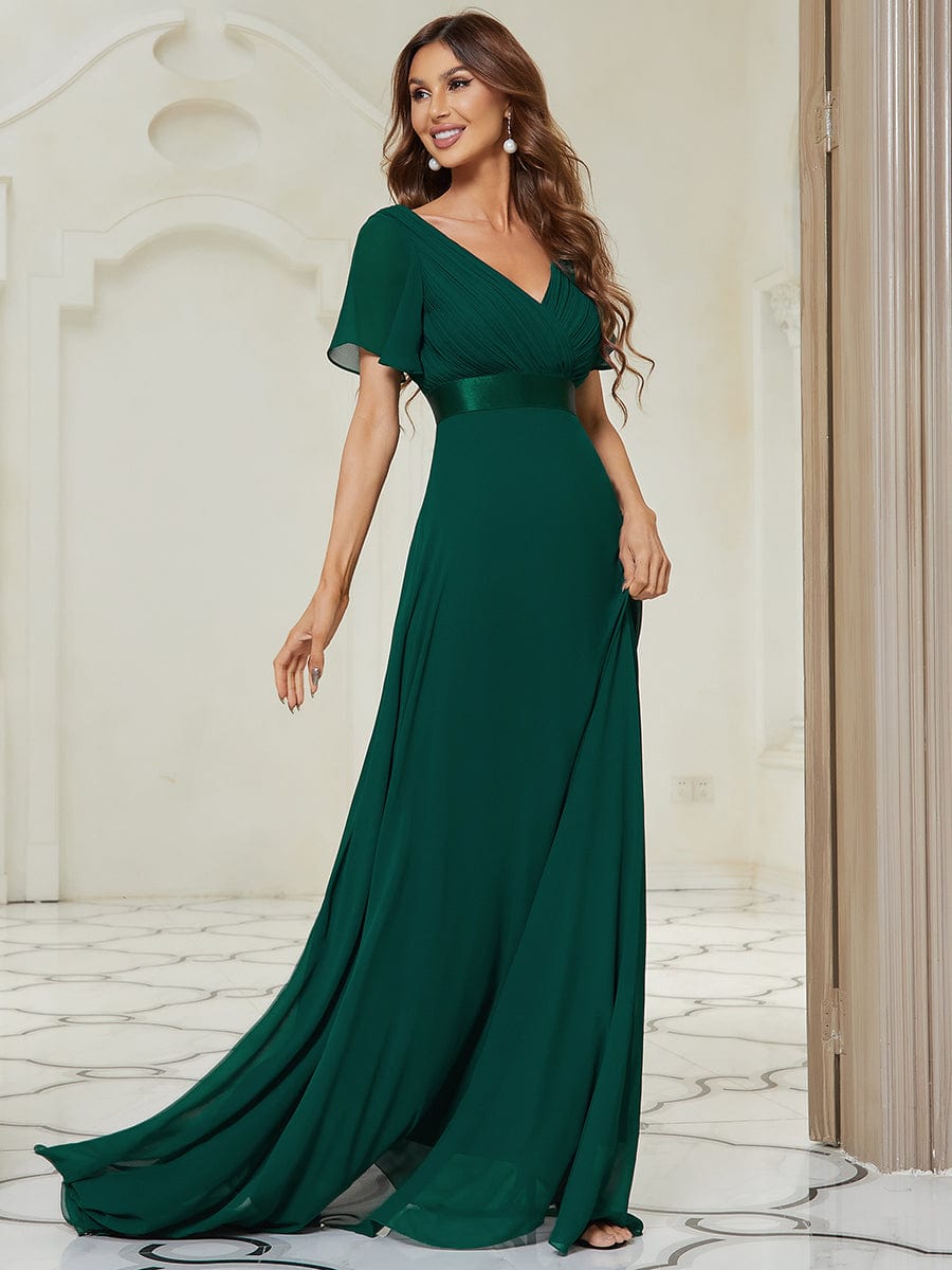 ever MONICA|Long Empire Waist Bridesmaid Dress with Short Flutter Sleeves