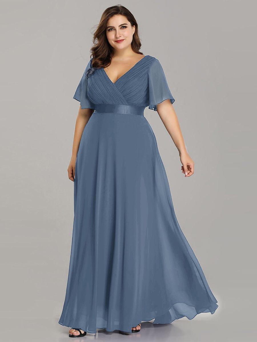 Plus Size Long Empire Waist Bridesmaid Dress with Short Flutter Sleeves #color_Dusty Blue