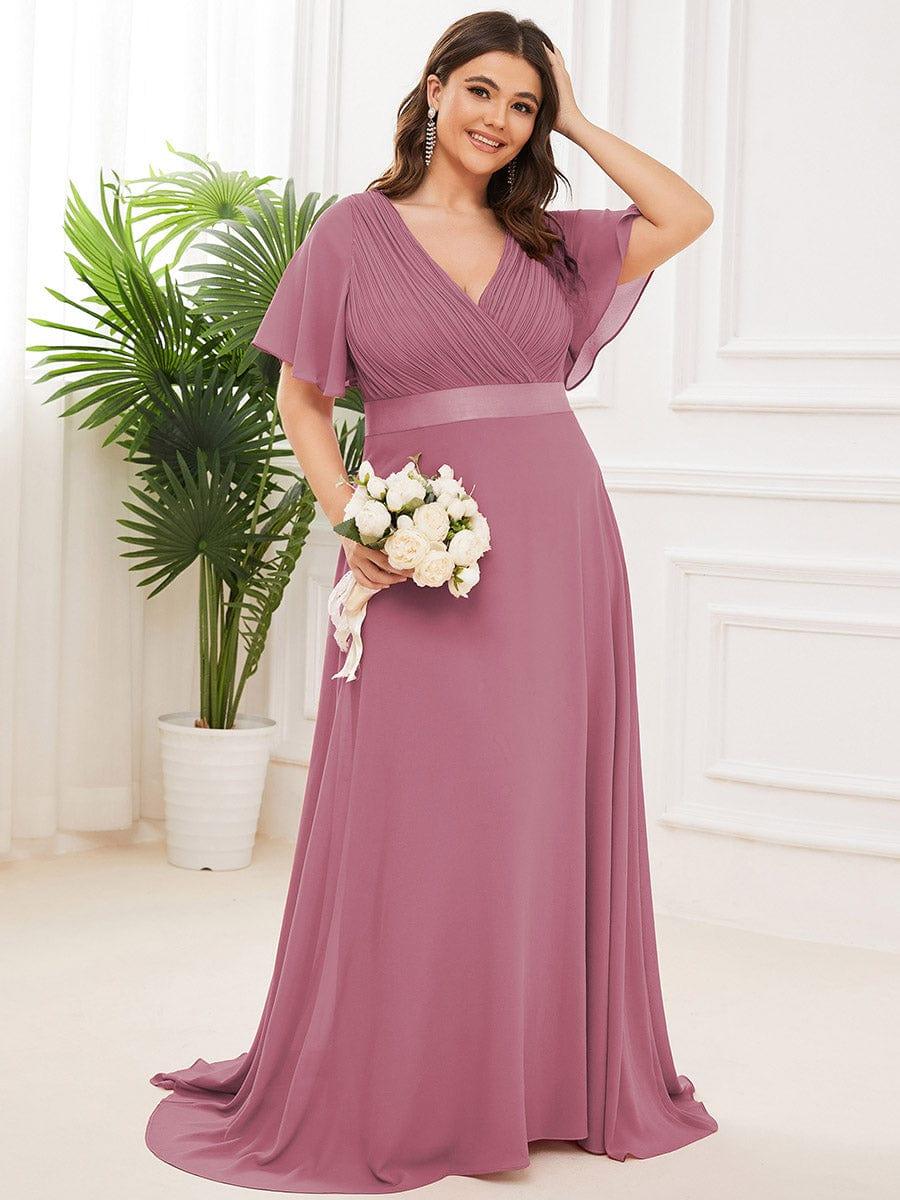 Empire Waist Floor Length Bridesmaid Dress with Short Flutter Sleeves #color_Purple Orchid