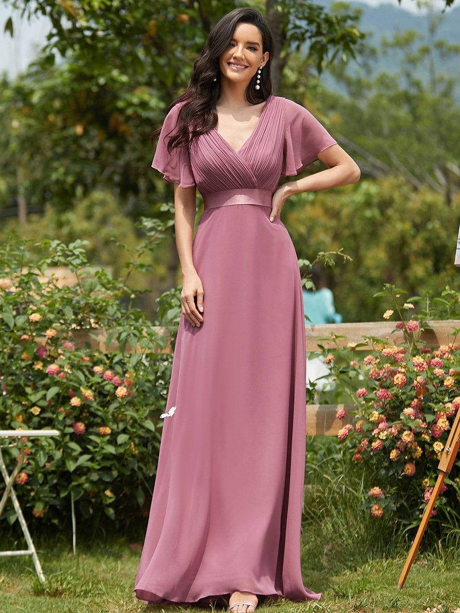 Empire Waist Floor Length Bridesmaid Dress with Short Flutter Sleeves #color_Purple Orchid