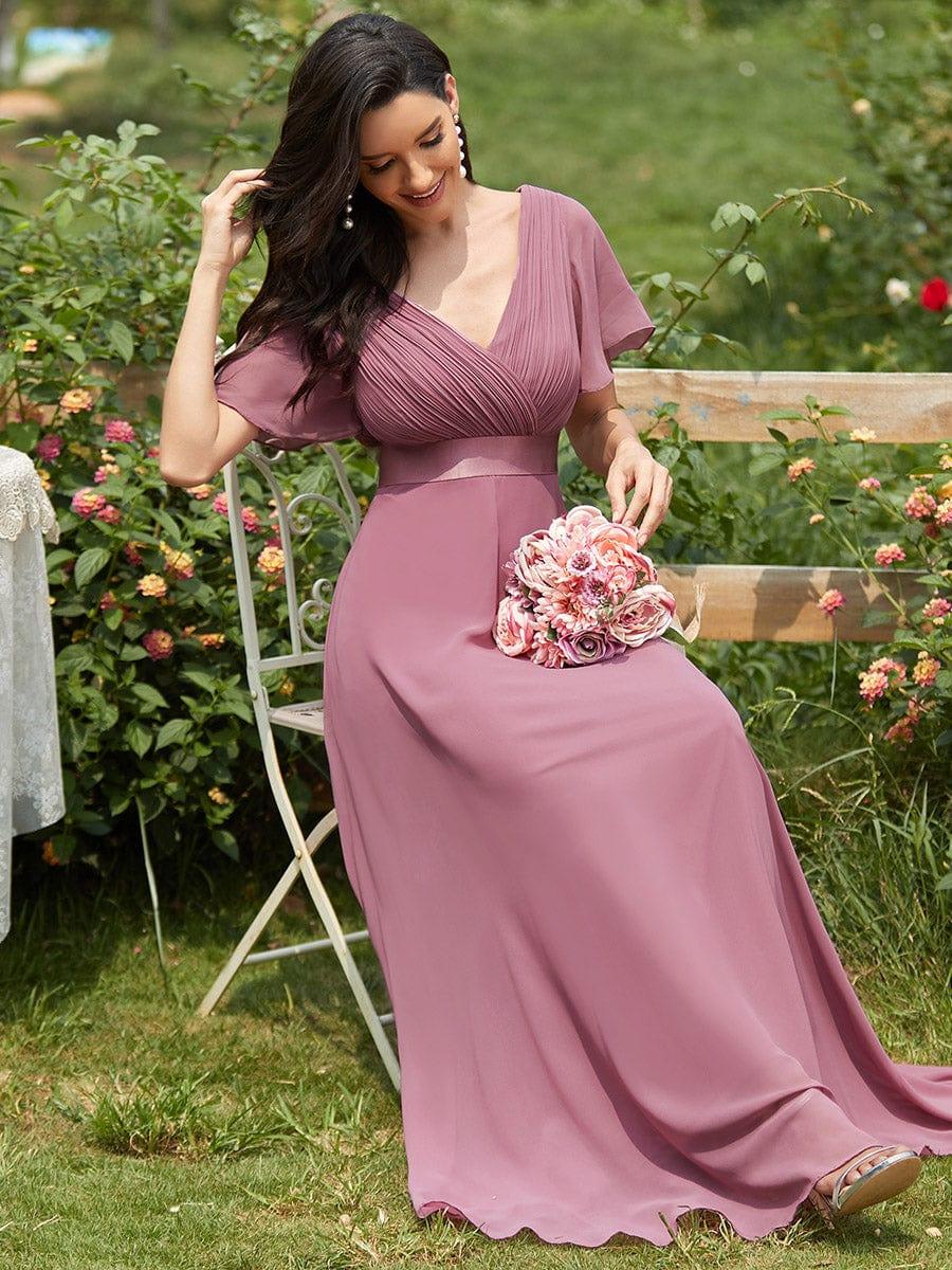 Empire Waist Floor Length Bridesmaid Dress with Short Flutter Sleeves #color_Purple Orchid