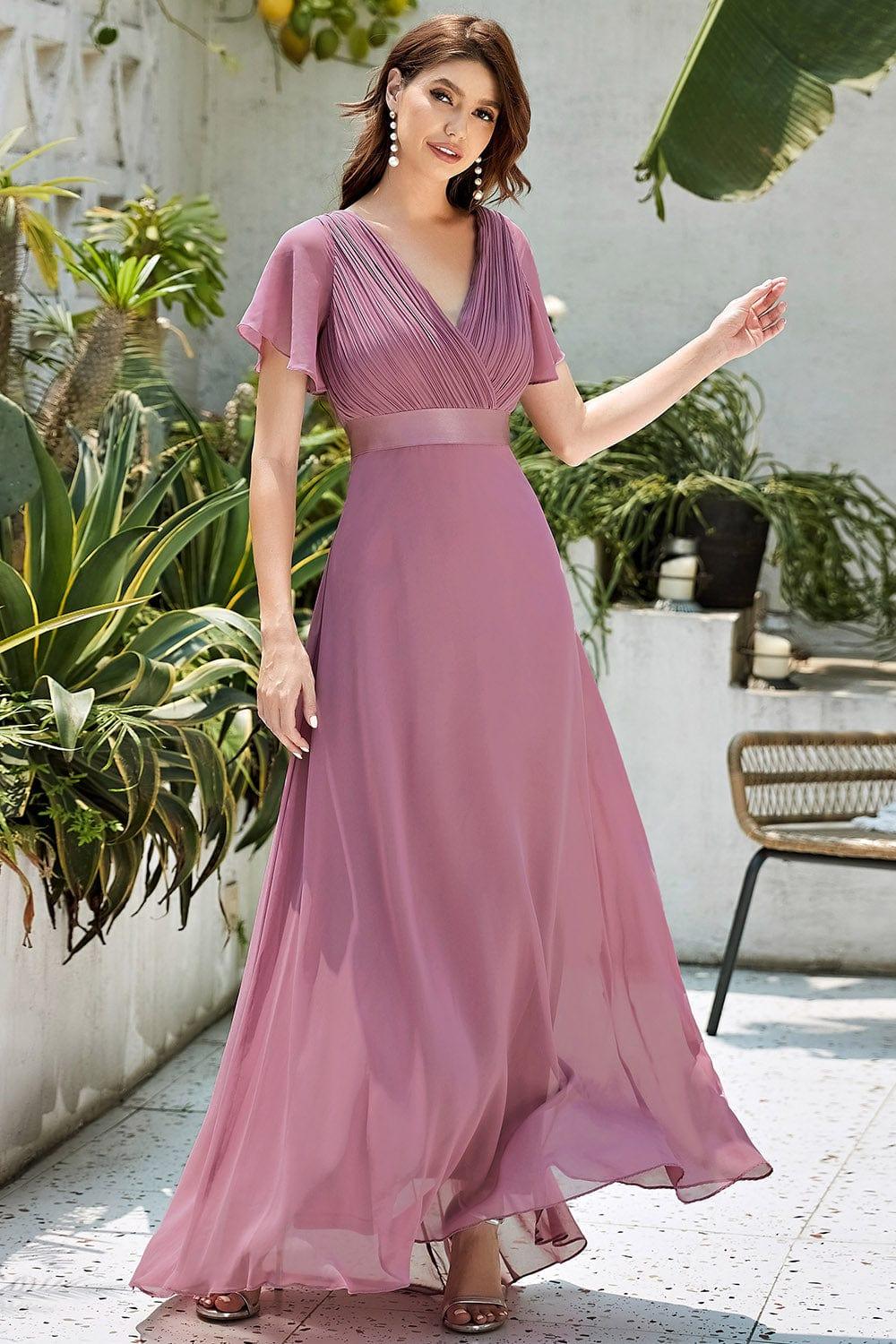 Empire Waist Floor Length Bridesmaid Dress with Short Flutter Sleeves #color_Purple Orchid