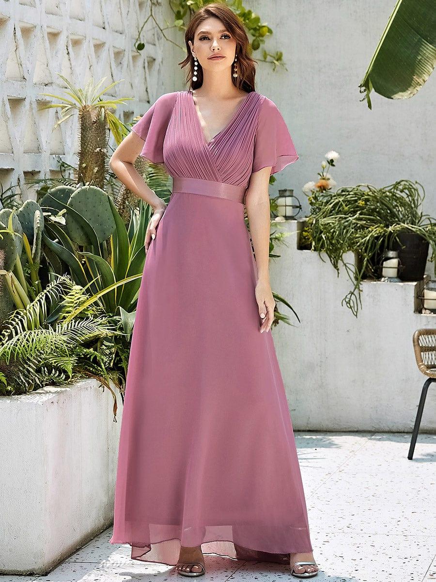 Empire Waist Floor Length Bridesmaid Dress with Short Flutter Sleeves #color_Purple Orchid