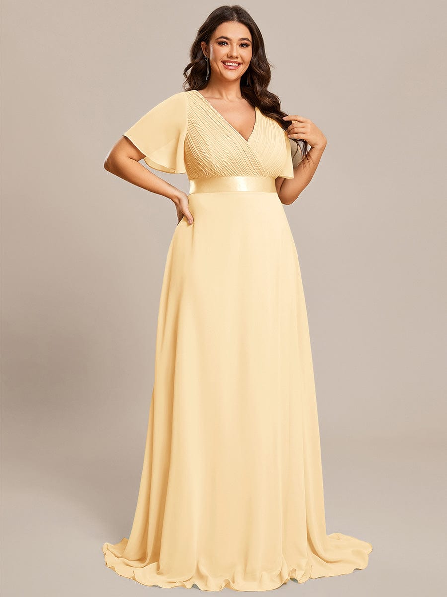 Plus Size Long Empire Waist Bridesmaid Dress with Short Flutter Sleeves #color_Yellow
