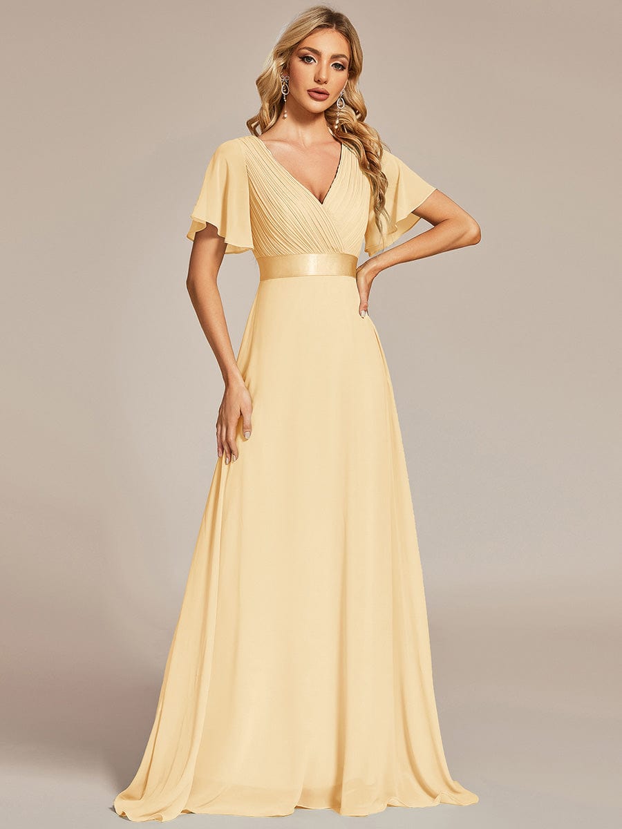 High Waist Maxi Chiffon Bridesmaid Dress with Short Sleeves #color_Yellow