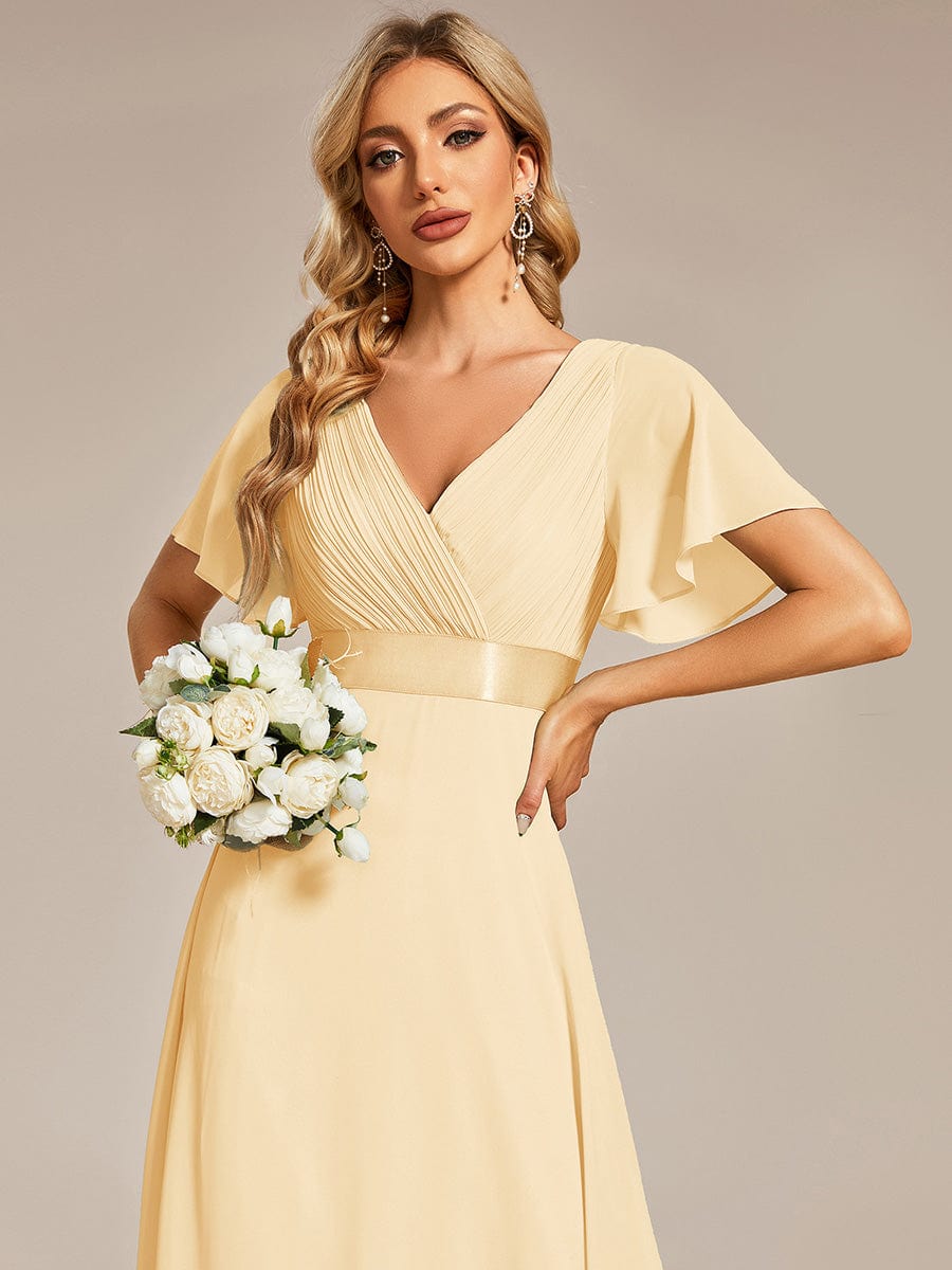 High Waist Maxi Chiffon Bridesmaid Dress with Short Sleeves #color_Yellow