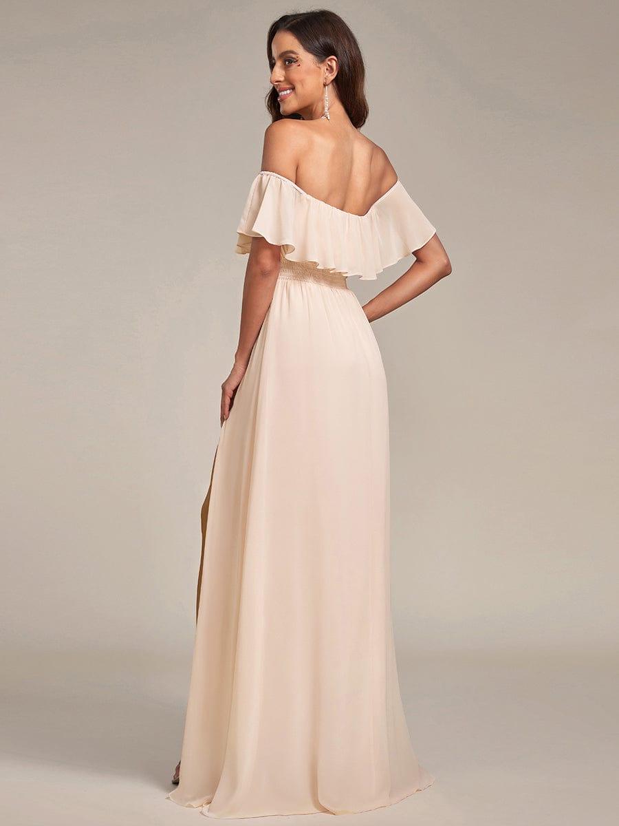 Women's Off-The-Shoulder Ruffle Thigh Split Bridesmaid Dresses #color_Blush