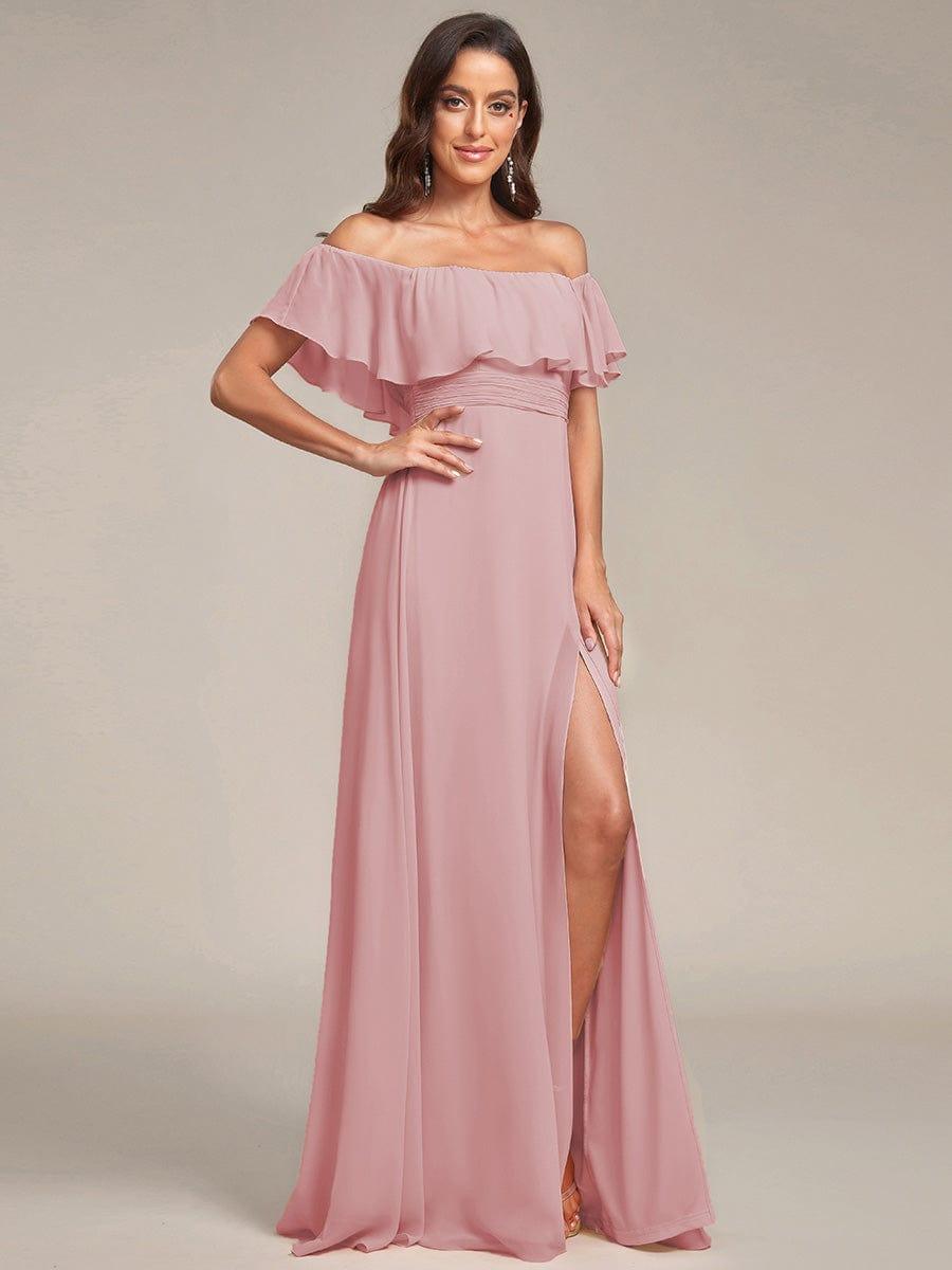 Women's Off-The-Shoulder Ruffle Thigh Split Bridesmaid Dresses #color_Dusty Rose