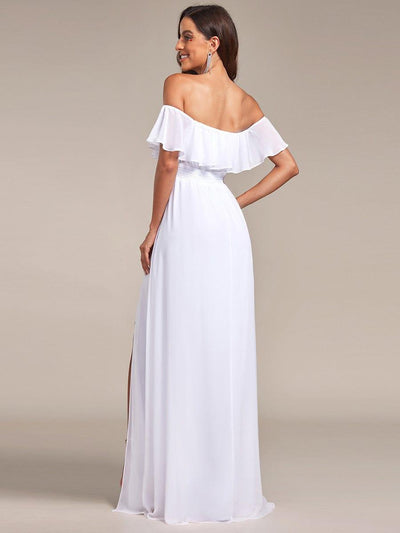Women's Off-The-Shoulder Ruffle Thigh Split Wedding Guest Dresses #color_White
