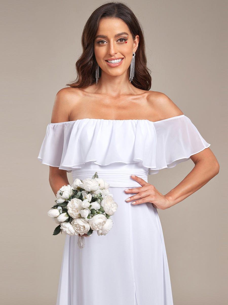 Women's Off-The-Shoulder Ruffle Thigh Split Bridesmaid Dresses #color_White