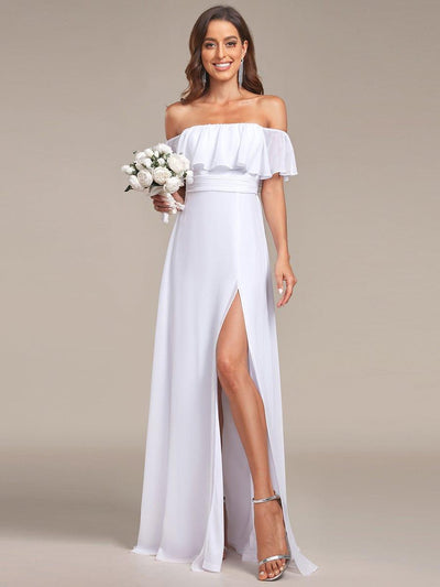Women's Off-The-Shoulder Ruffle Thigh Split Wedding Guest Dresses #color_White