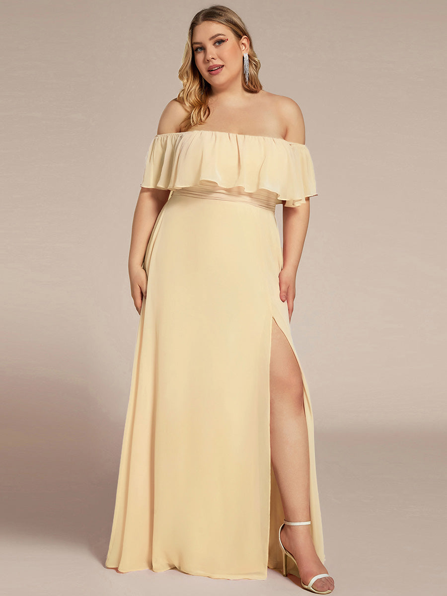 Women's Off-The-Shoulder Ruffle Thigh Split Bridesmaid Dresses #color_Yellow