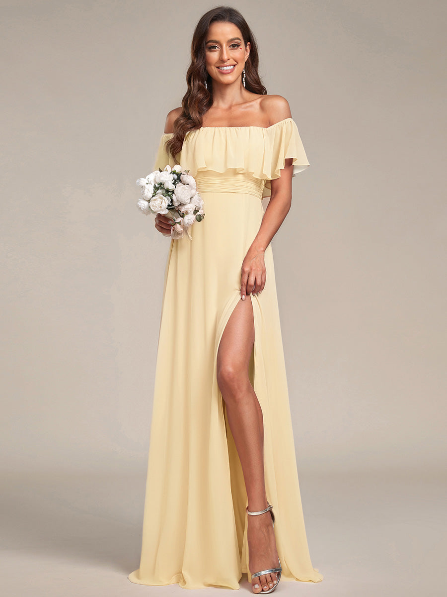 Women's Off-The-Shoulder Ruffle Thigh Split Bridesmaid Dresses #color_Yellow
