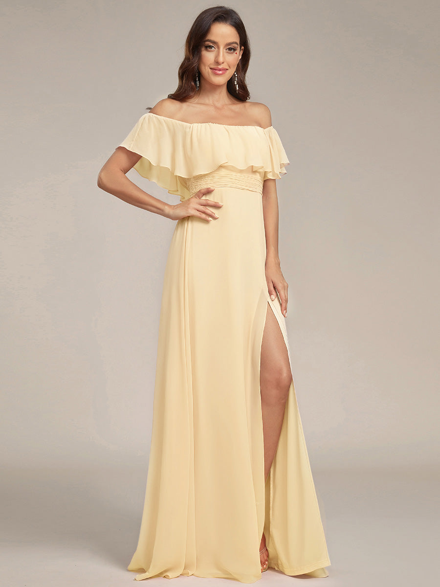 Women's Off-The-Shoulder Ruffle Thigh Split Bridesmaid Dresses #color_Yellow
