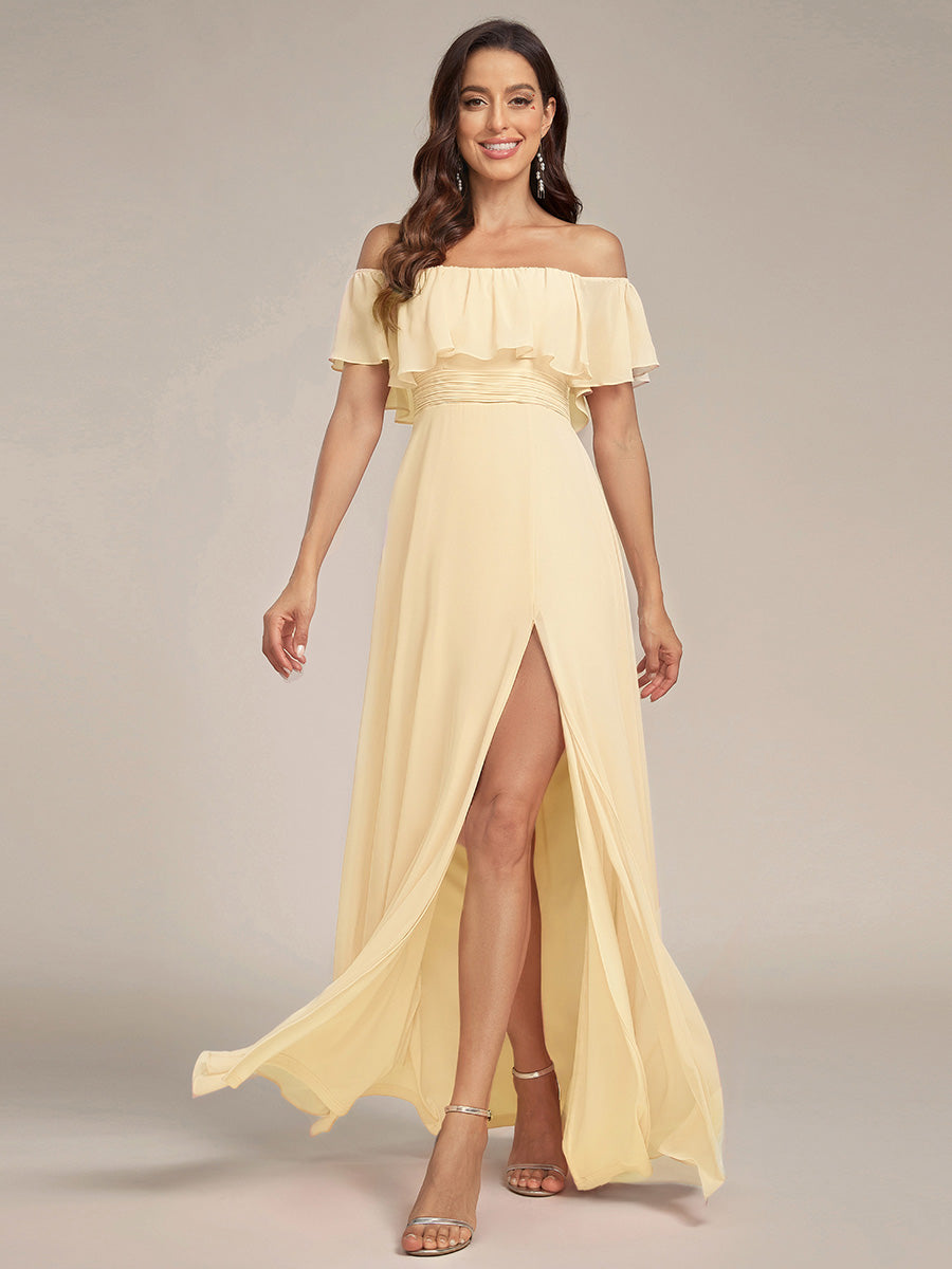 Women's Off-The-Shoulder Ruffle Thigh Split Bridesmaid Dresses #color_Yellow
