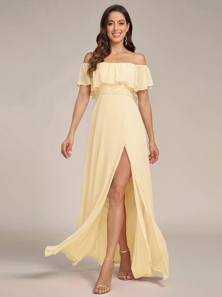 Women's Off-The-Shoulder Ruffle Thigh Split Bridesmaid Dresses #color_Yellow