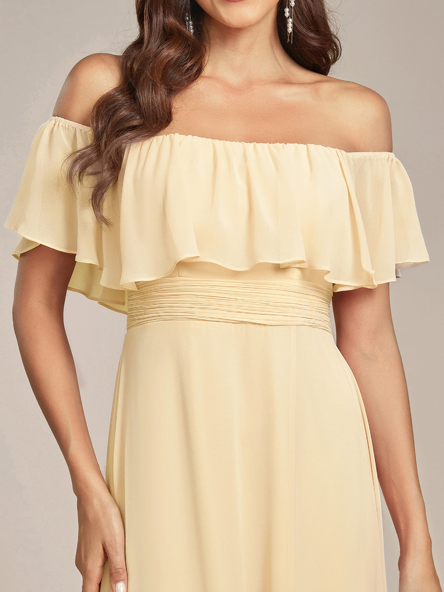 Women's Off-The-Shoulder Ruffle Thigh Split Bridesmaid Dresses #color_Yellow