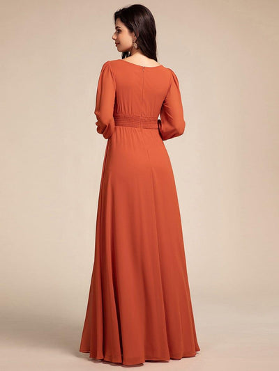 Chiffon Long Sleeve Pleated Floor Length Bridesmaid Dress #color_Burnt Orange
