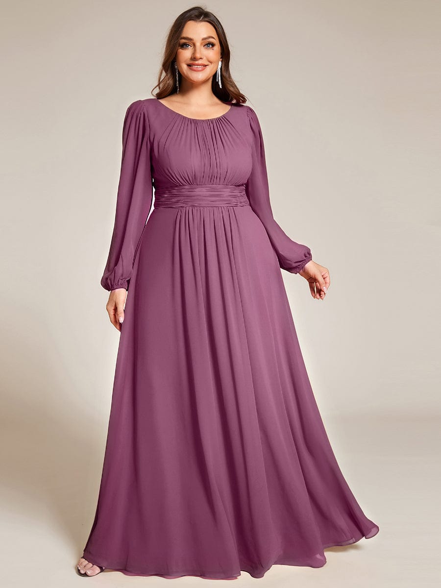 Chiffon Long Sleeve Pleated Floor Length Bridesmaid Dress #color_Damson