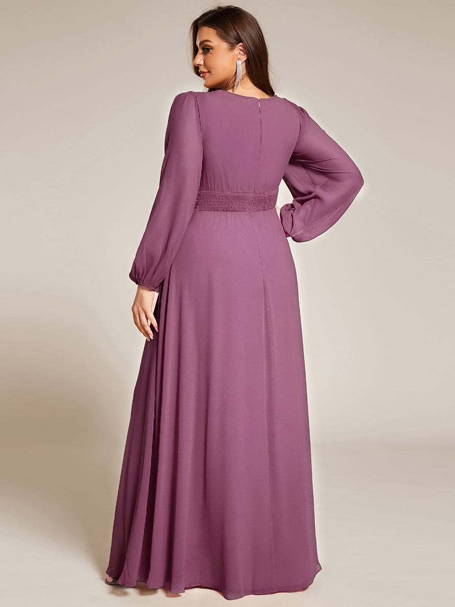 Chiffon Long Sleeve Pleated Floor Length Bridesmaid Dress #color_Damson