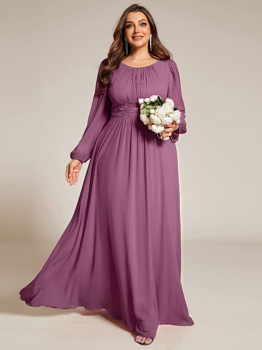 Chiffon Long Sleeve Pleated Floor Length Bridesmaid Dress #color_Damson