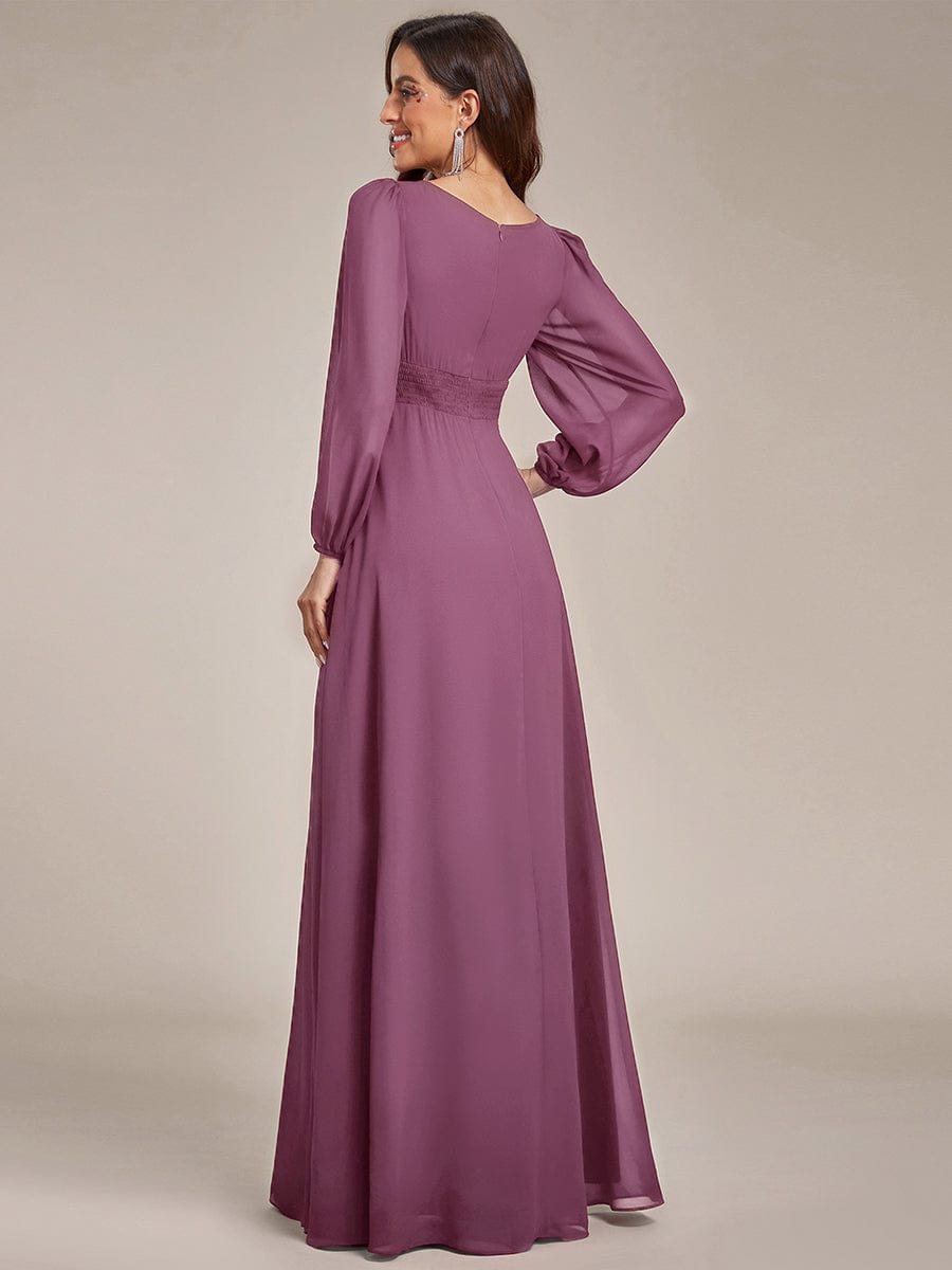 Chiffon Long Sleeve Pleated Floor Length Bridesmaid Dress #color_Damson