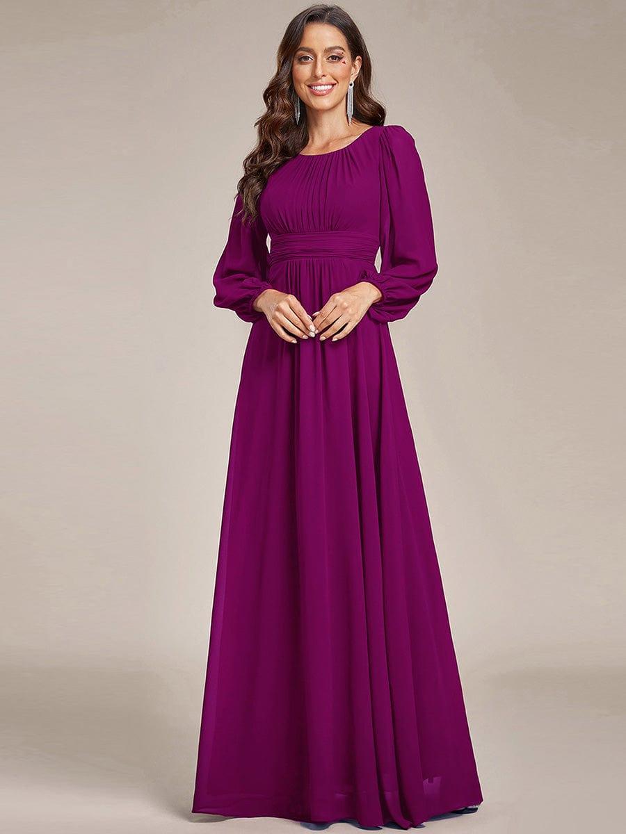 Chiffon Long Sleeve Pleated Floor Length Bridesmaid Dress #color_Fuchsia