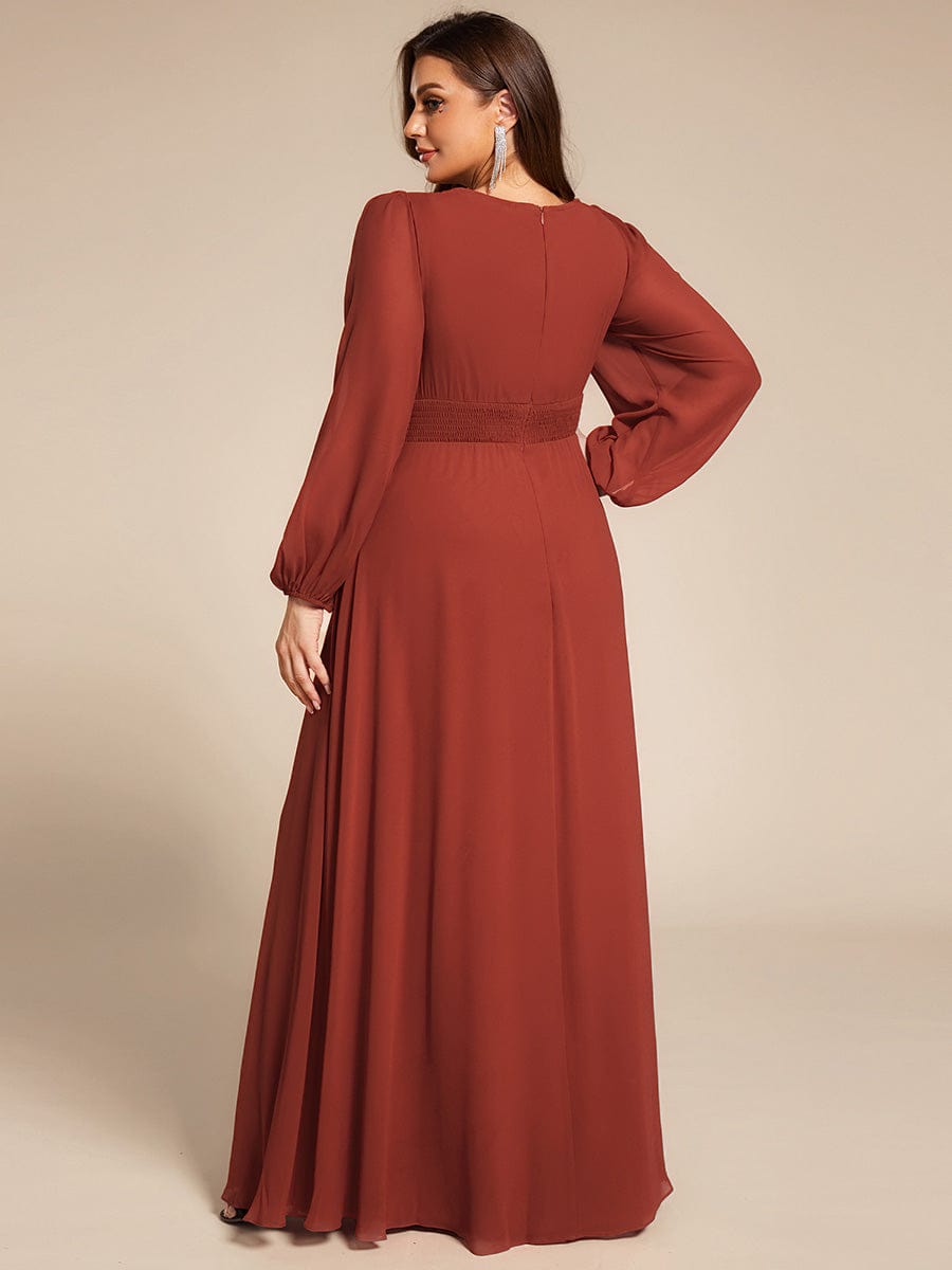 Chiffon Long Sleeve Pleated Floor Length Bridesmaid Dress #color_Vermilion