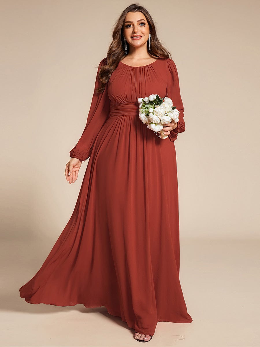 Chiffon Long Sleeve Pleated Floor Length Bridesmaid Dress #color_Vermilion