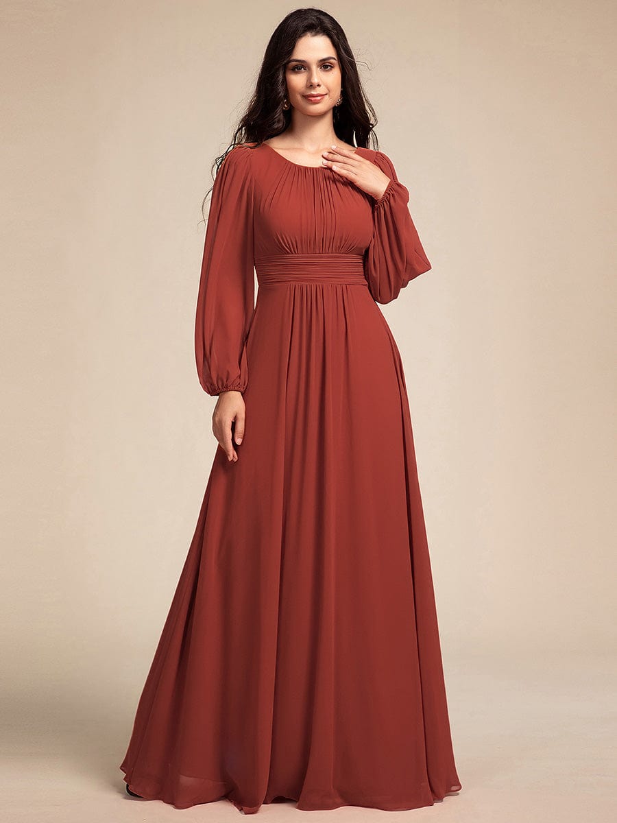 Chiffon Long Sleeve Pleated Floor Length Bridesmaid Dress #color_Vermilion