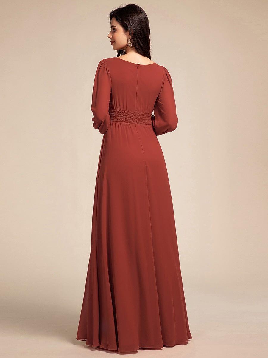 Chiffon Long Sleeve Pleated Floor Length Bridesmaid Dress #color_Vermilion