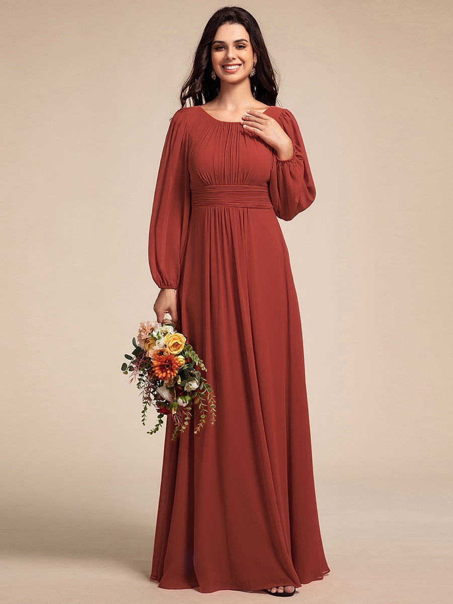 Chiffon Long Sleeve Pleated Floor Length Bridesmaid Dress #color_Vermilion