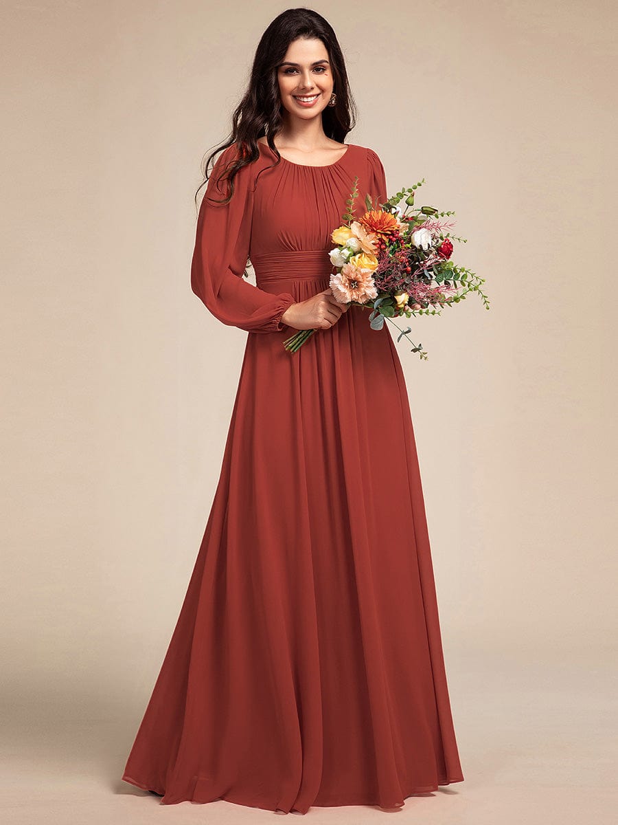 Chiffon Long Sleeve Pleated Floor Length Bridesmaid Dress #color_Vermilion