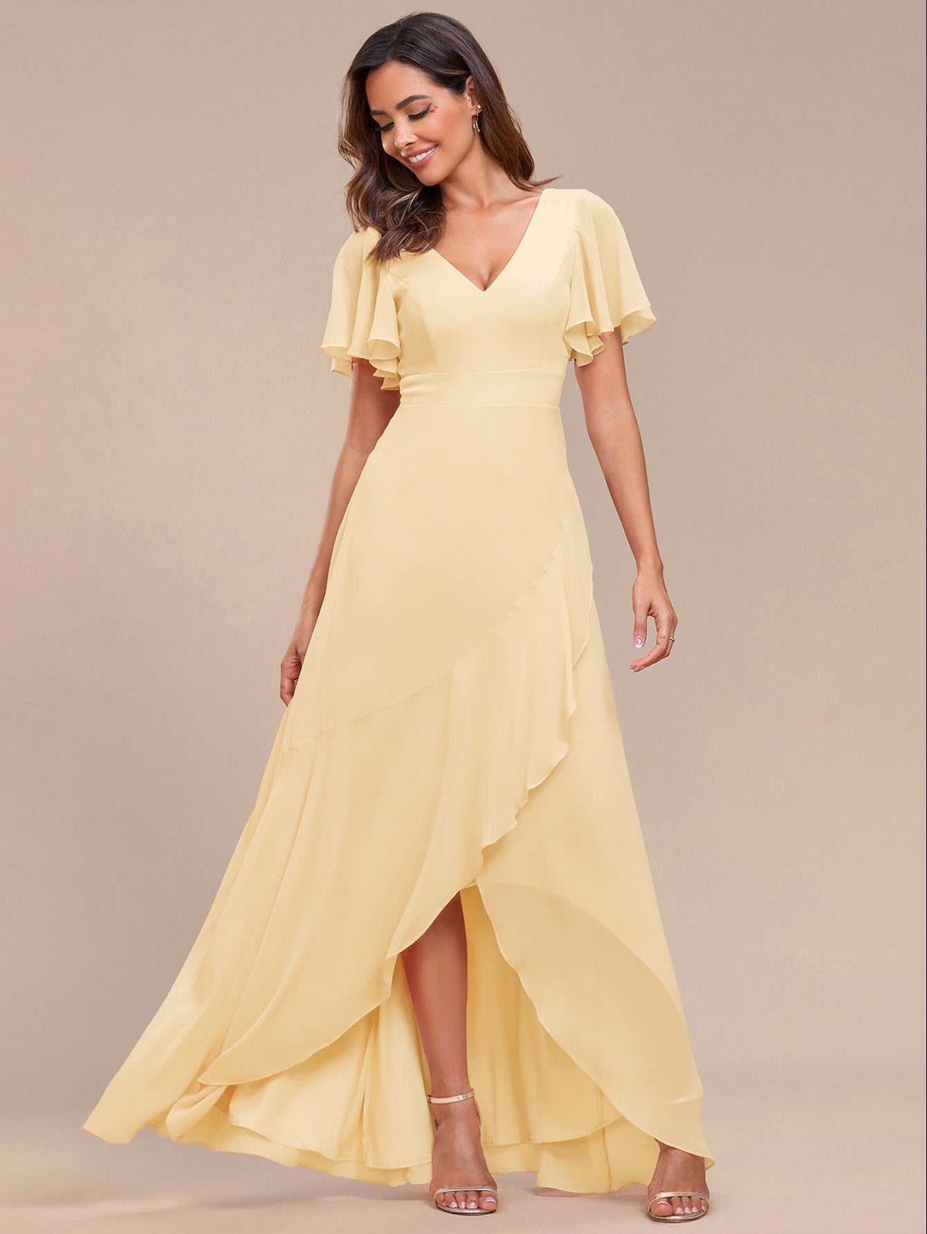 Charming Chiffon Bridesmaid Dress with Lotus Leaf Hemline #color_Yellow