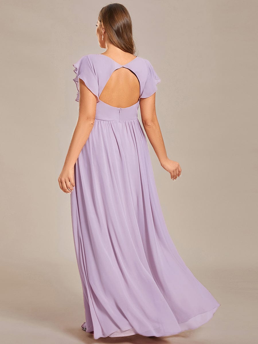 V-Neck Open Back Ruffled Sleeves Chiffon Bridesmaid Dress #color_Frosted Lilac