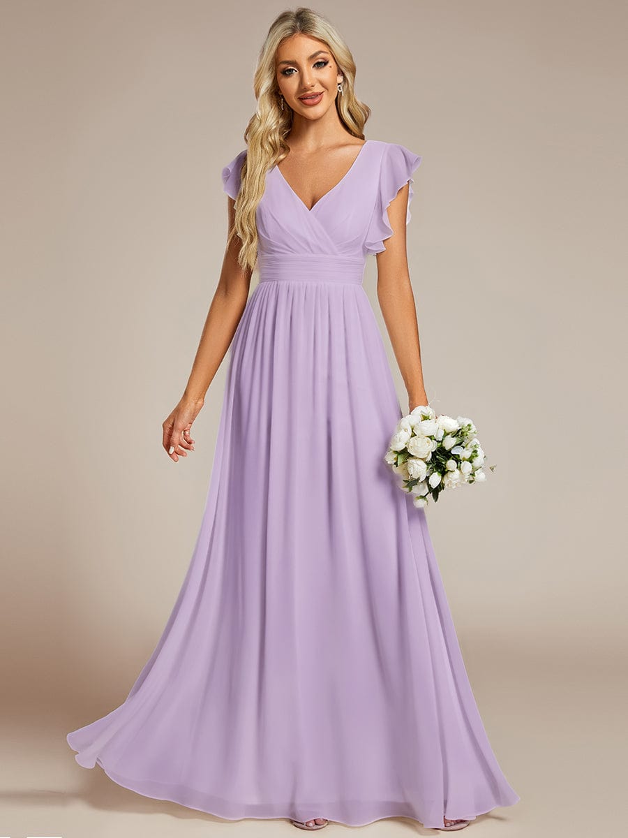 V-Neck Open Back Ruffled Sleeves Chiffon Bridesmaid Dress #color_Frosted Lilac