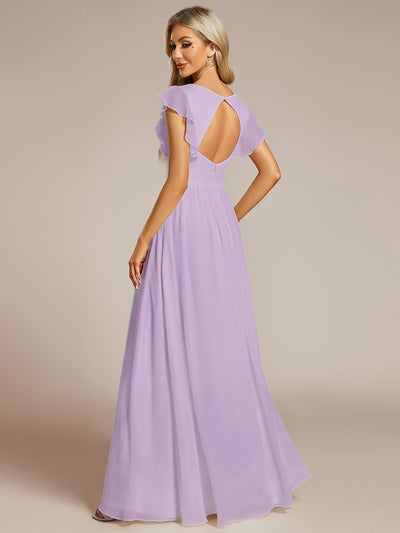 V-Neck Open Back Ruffled Sleeves Chiffon Bridesmaid Dress #color_Frosted Lilac