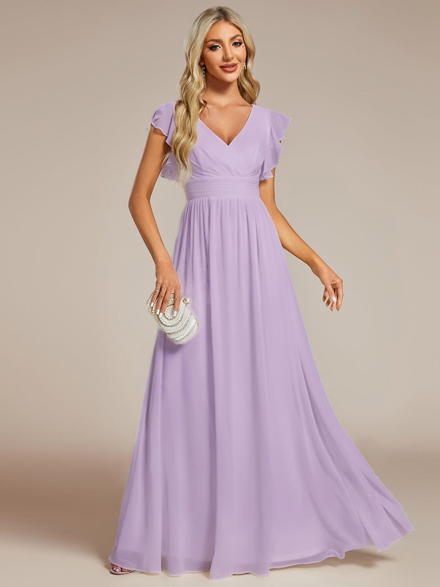 V-Neck Open Back Ruffled Sleeves Chiffon Bridesmaid Dress #color_Frosted Lilac