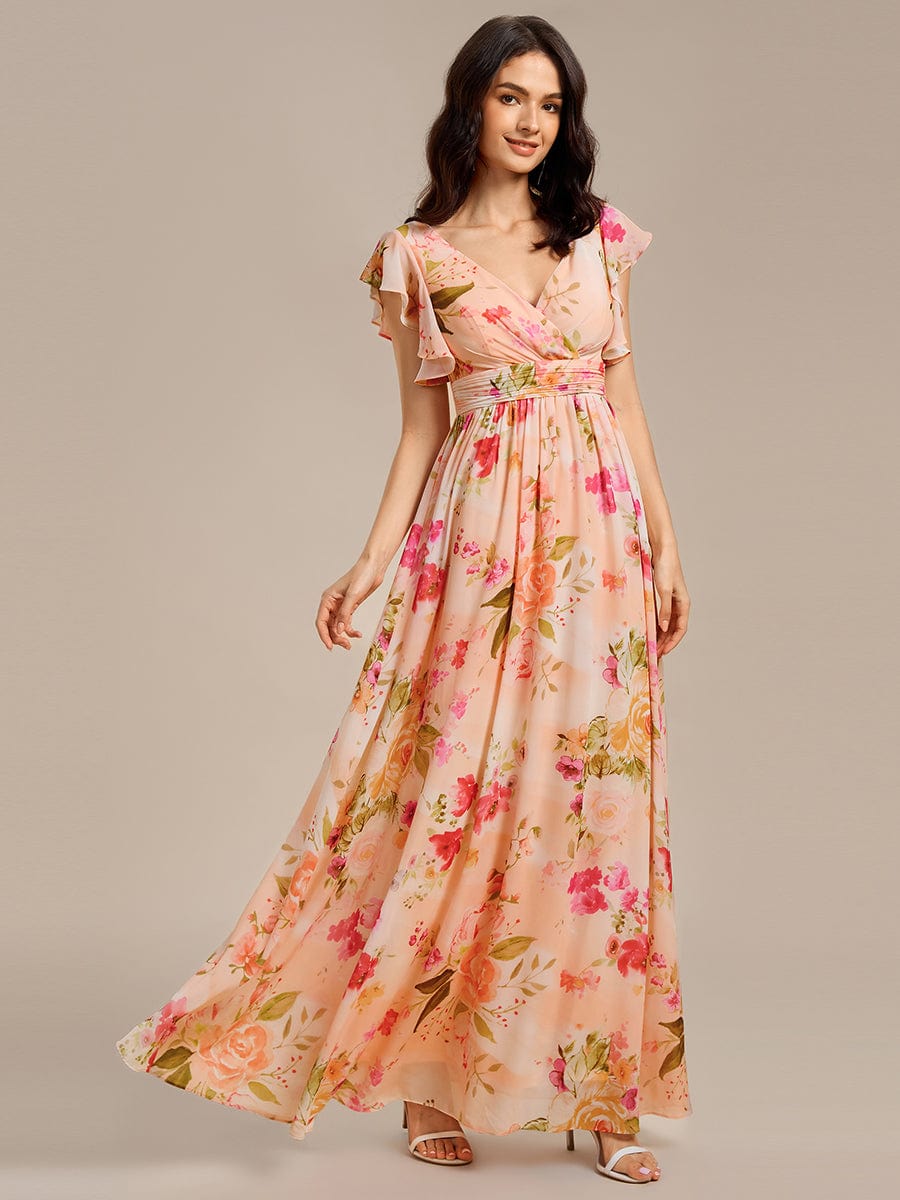 Elegant V-Neck Open Back Chiffon Bridesmaid Dress with Ruffled Sleeves #color_Peach Fuzz