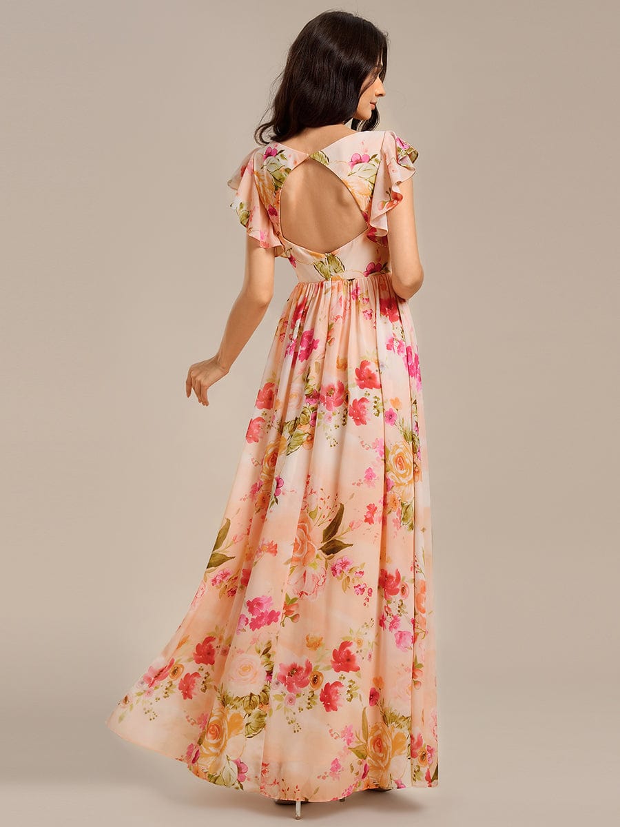 Elegant V-Neck Open Back Chiffon Bridesmaid Dress with Ruffled Sleeves #color_Peach Fuzz