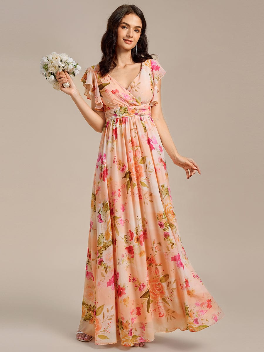 Elegant V-Neck Open Back Chiffon Bridesmaid Dress with Ruffled Sleeves #color_Peach Fuzz