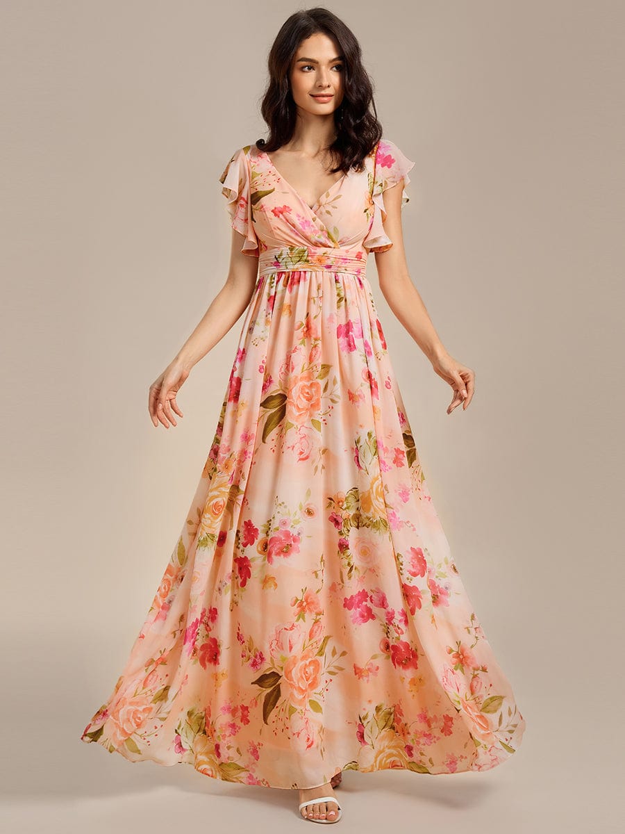 Elegant V-Neck Open Back Chiffon Bridesmaid Dress with Ruffled Sleeves #color_Peach Fuzz