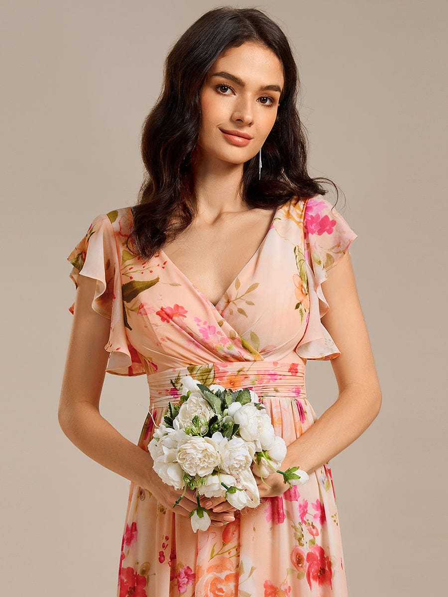 Elegant V-Neck Open Back Chiffon Bridesmaid Dress with Ruffled Sleeves #color_Peach Fuzz