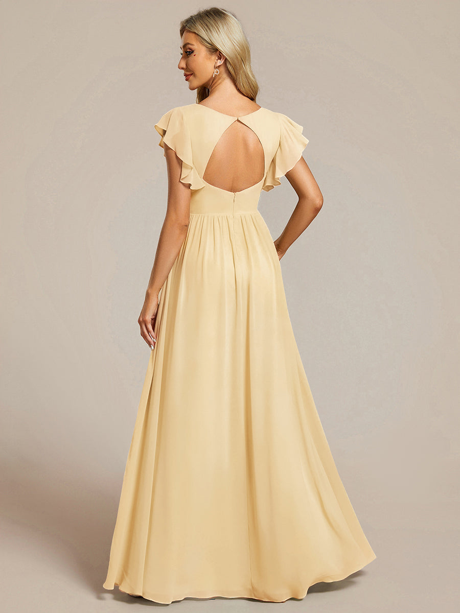 V-Neck Open Back Ruffled Sleeves Chiffon Bridesmaid Dress #color_Yellow